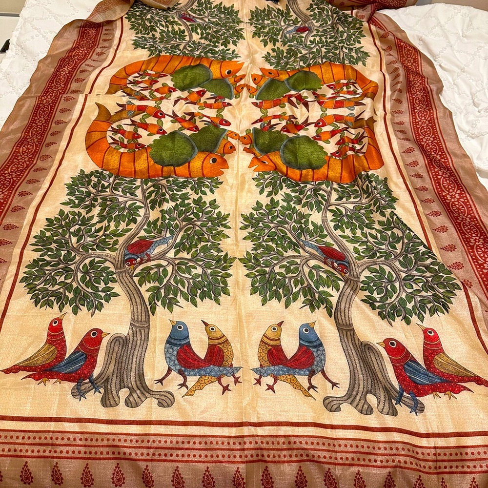 Nature tree birds fish paisley rich colors tapestry or scarf/shawl 78x44”